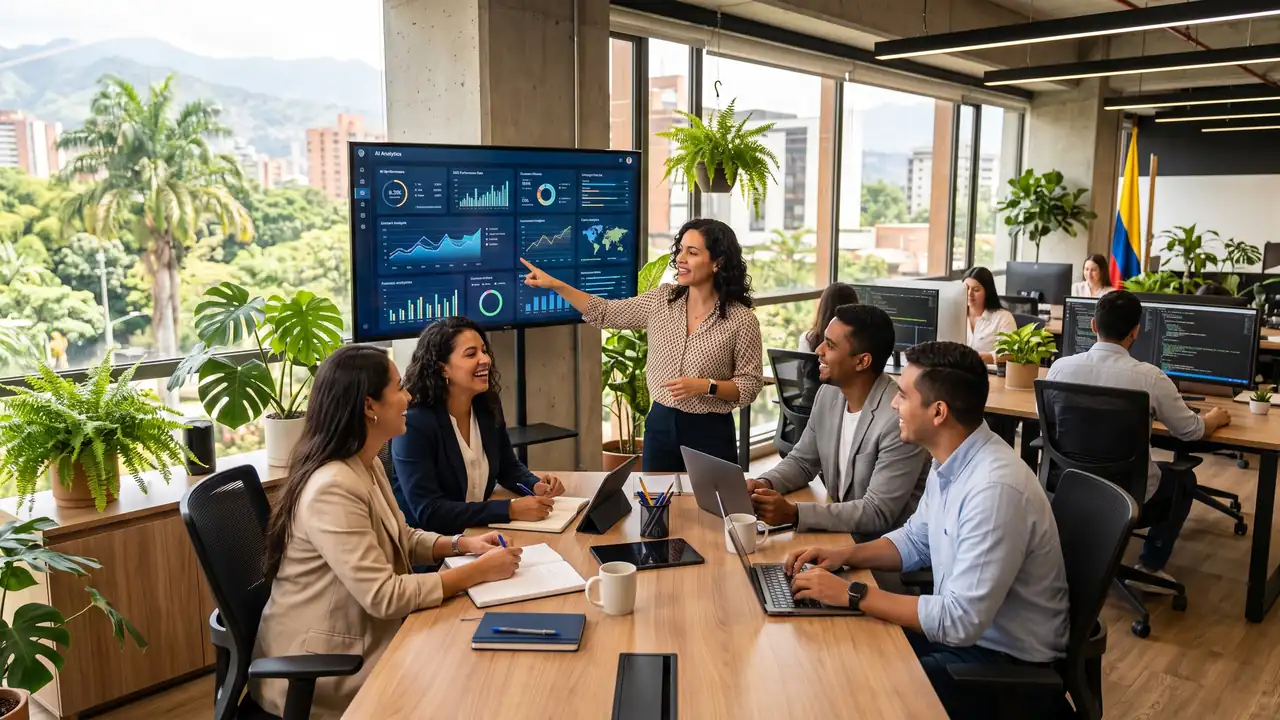 Oficina moderna de una agencia de marketing digital en Cali Colombia, profesionales colombianos trabajando en pantallas con dashboards de IA y herramientas de optimización para motores generativos, ambiente colaborativo y contemporáneo con luz natural