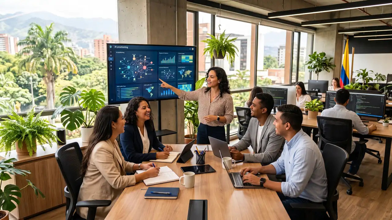 Ejecutivos colombianos en una sala de juntas moderna revisando una estrategia de posicionamiento en inteligencia artificial en una pantalla grande, branding sutil, ambiente profesional con luz natural, oficina corporativa en Colombia