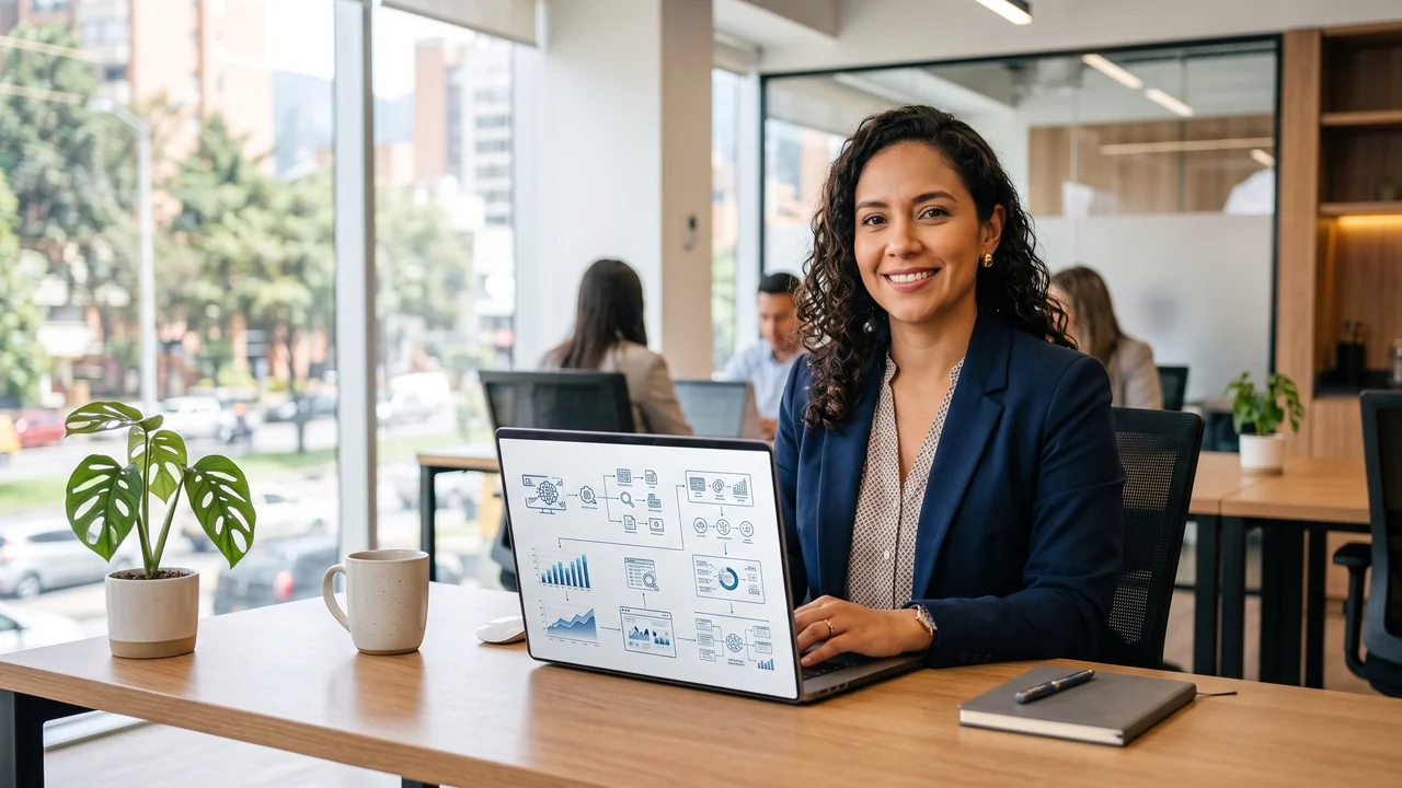 Profesional colombiano frente a una laptop moderna en una oficina con luz natural, mostrando en pantalla conceptos de Generative Engine Optimization y diagramas de estrategia digital, ambiente corporativo limpio y profesional